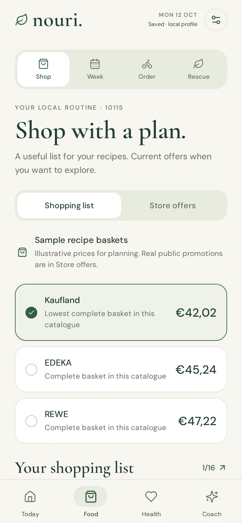 Nouri grocery planning screen with sample data