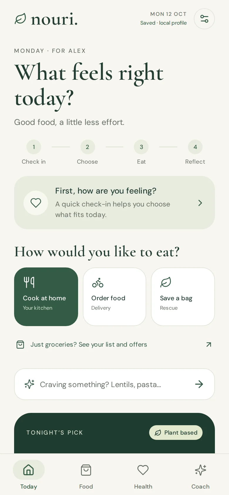 Nouri daily meal planning screen with sample profile